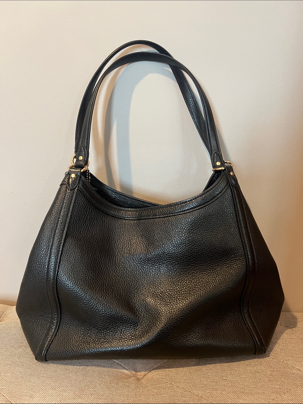 COACH Black Pebbled Leather Shoulder by Bag with Gold Accents - Picture 2 of 8